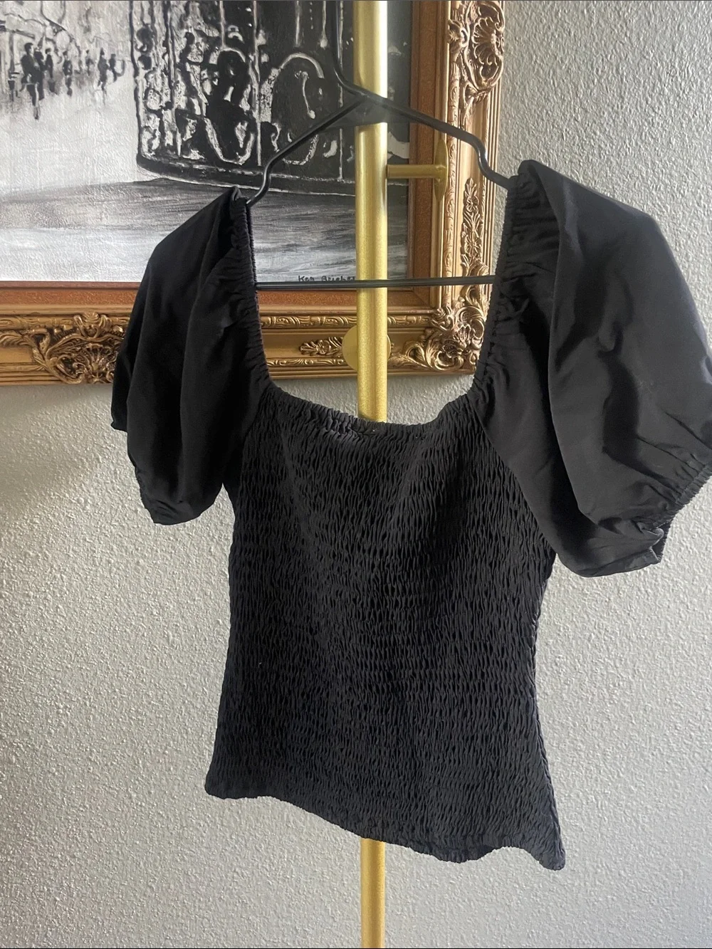 BiBi Black Smocked Top with Puff Sleeves
